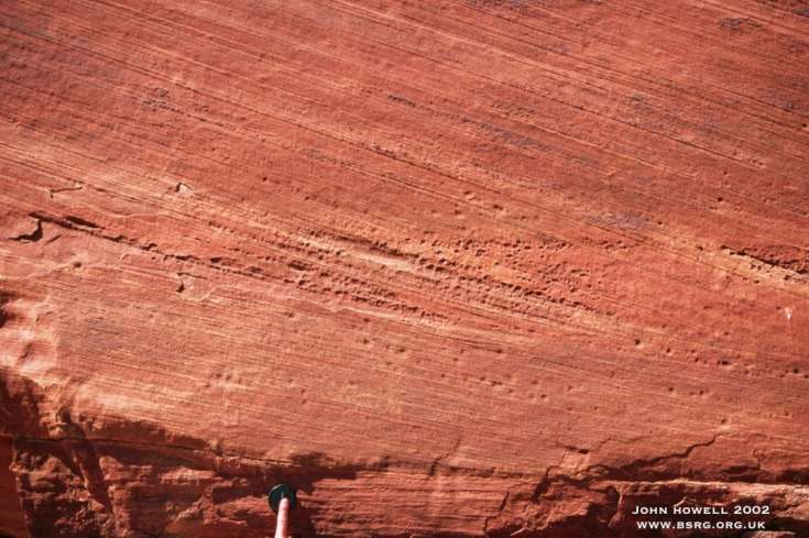 Well cross stratified aeolian deposits. Note the increase in dip angle upward. Base of view is wavy laminated, damp sand-flat deposits. Canyonlands Utah.